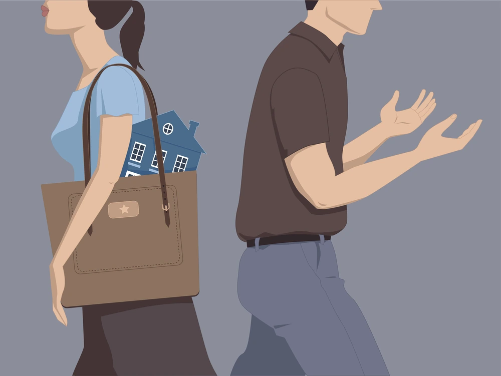 Illustration of couple walking away from each other. The woman has a house in her purse.