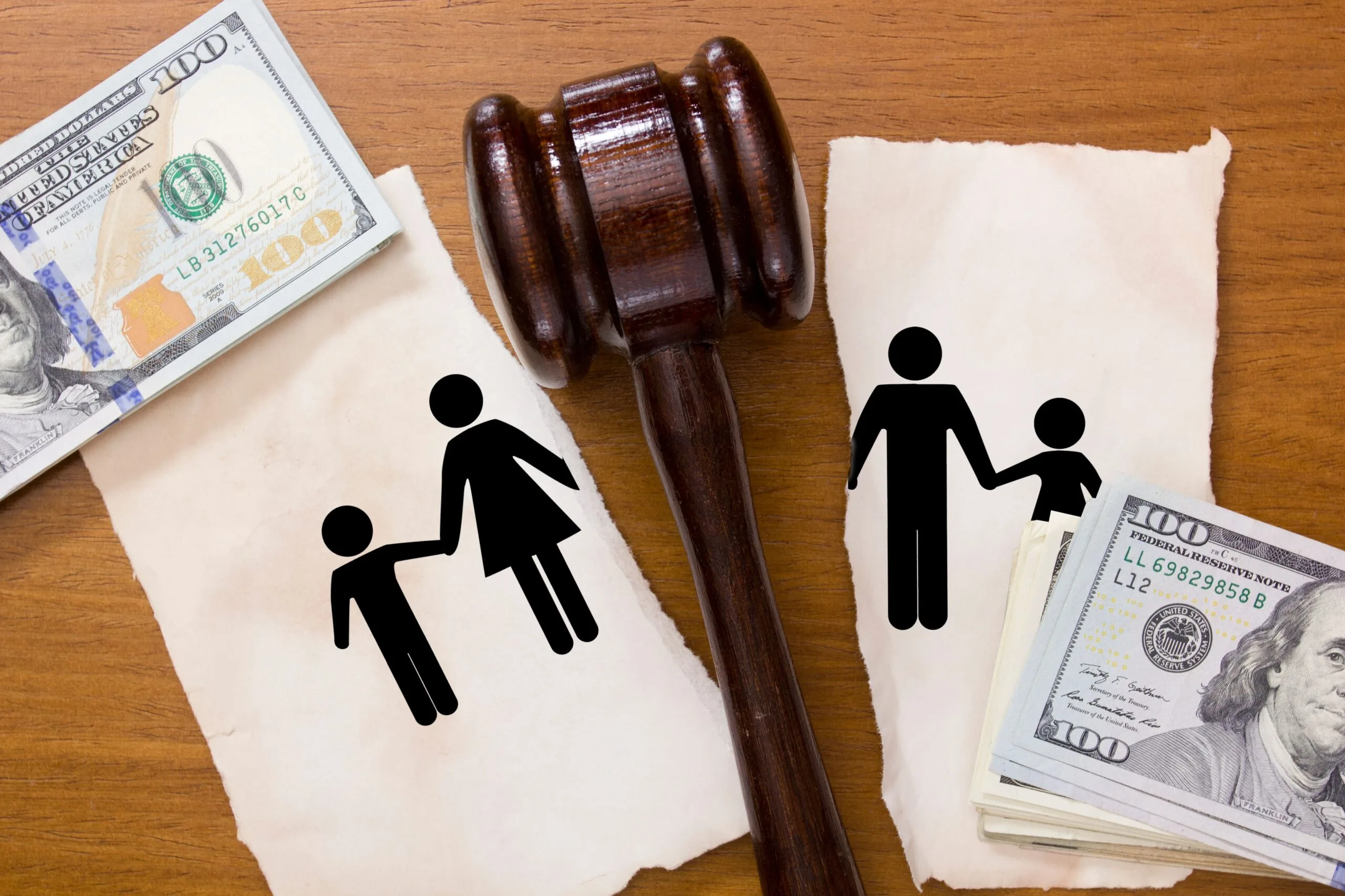 Justice gavel laying in between a paper ripped in half with an image of a family. Our Sugar Land family law lawyers will help you handle complex and difficult legal family matters.
